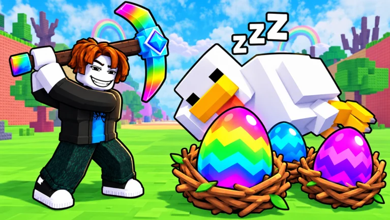 Official game artwork showing a Roblox character, a large white bird and colorful eggs
